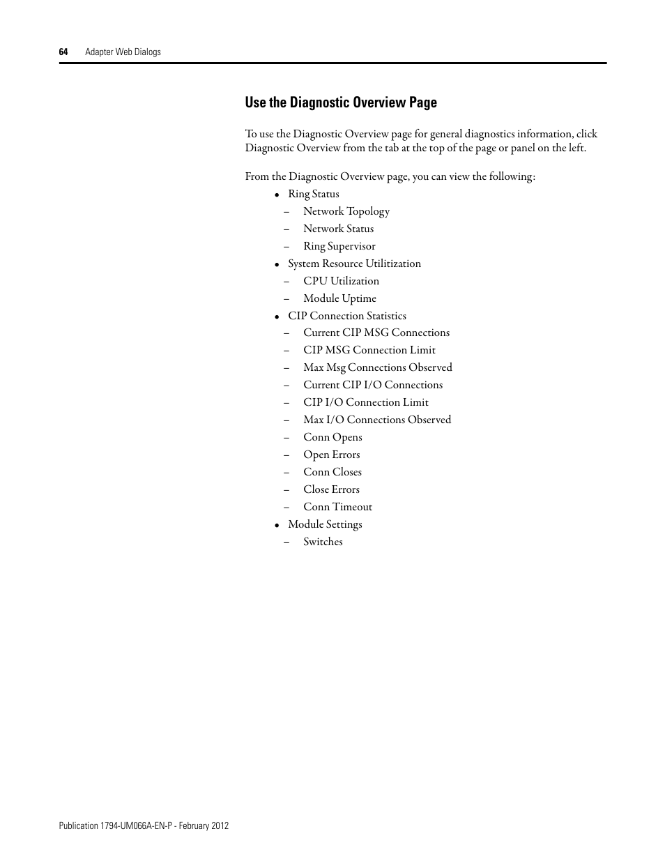 Use the diagnostic overview page | Rockwell Automation 1794-AENTR_AENTRXT FLEX I/O Dual Port EtherNet/IP Adapter Modules User Manual | Page 72 / 88