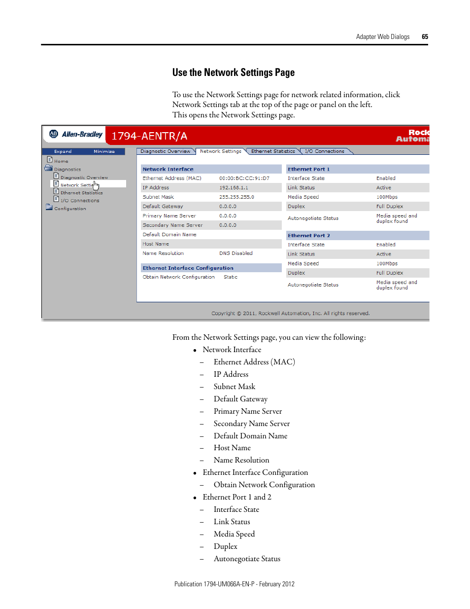 Use the network settings page | Rockwell Automation 1794-AENTR_AENTRXT FLEX I/O Dual Port EtherNet/IP Adapter Modules User Manual | Page 73 / 88