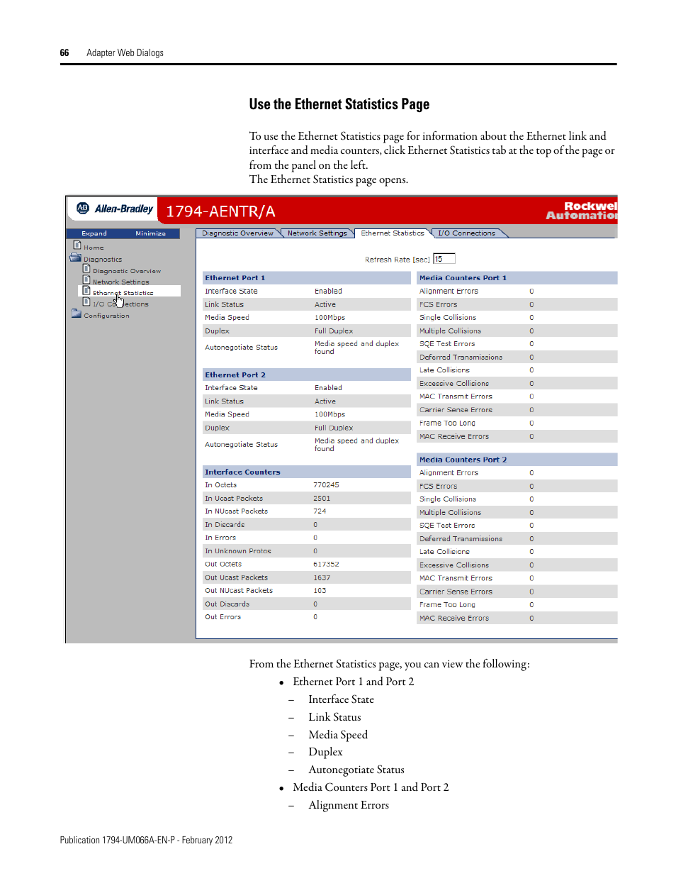 Use the ethernet statistics page | Rockwell Automation 1794-AENTR_AENTRXT FLEX I/O Dual Port EtherNet/IP Adapter Modules User Manual | Page 74 / 88