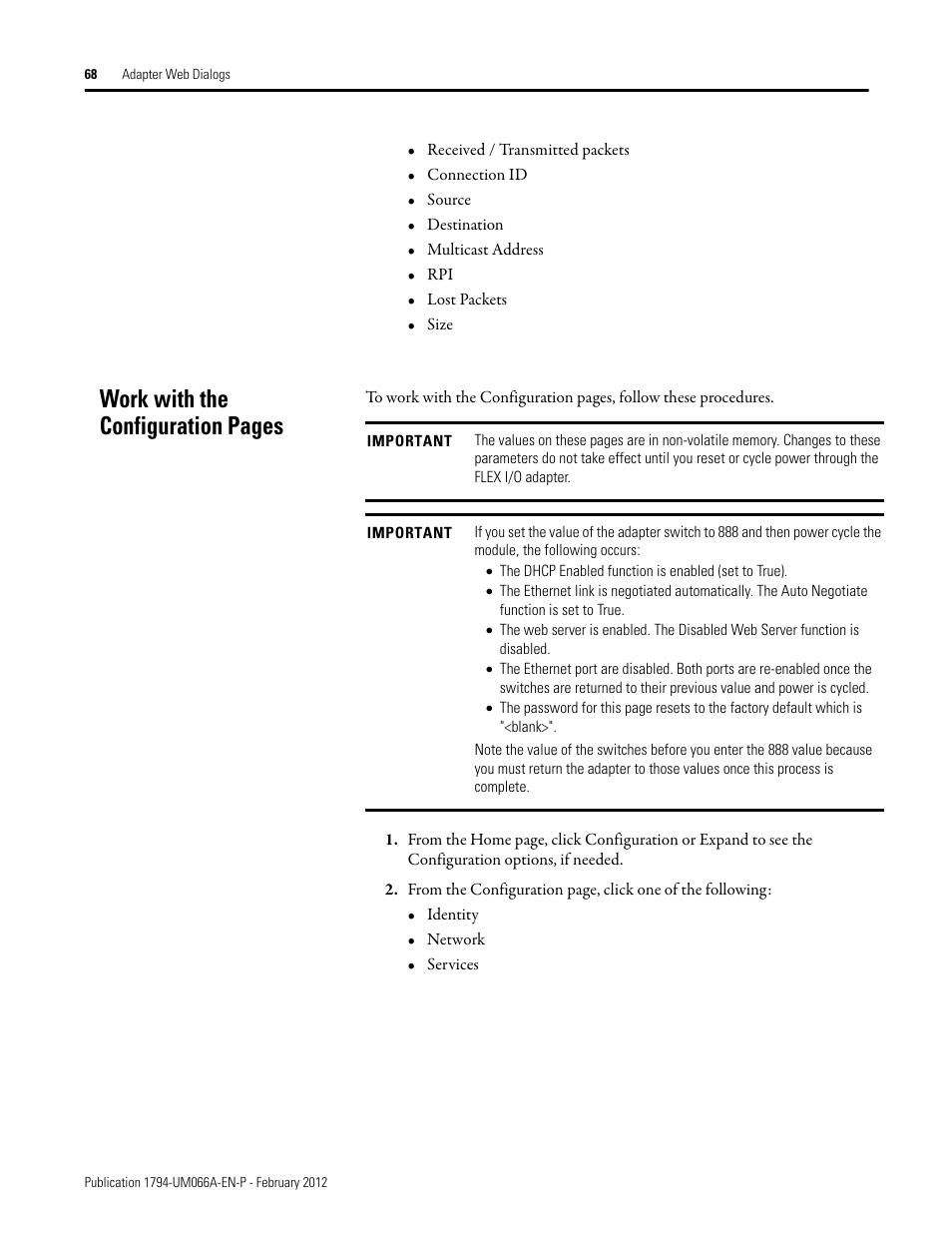 Work with the configuration pages | Rockwell Automation 1794-AENTR_AENTRXT FLEX I/O Dual Port EtherNet/IP Adapter Modules User Manual | Page 76 / 88