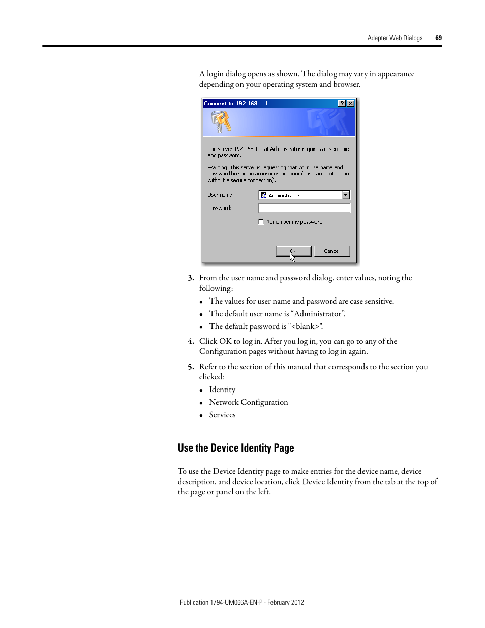 Use the device identity page | Rockwell Automation 1794-AENTR_AENTRXT FLEX I/O Dual Port EtherNet/IP Adapter Modules User Manual | Page 77 / 88