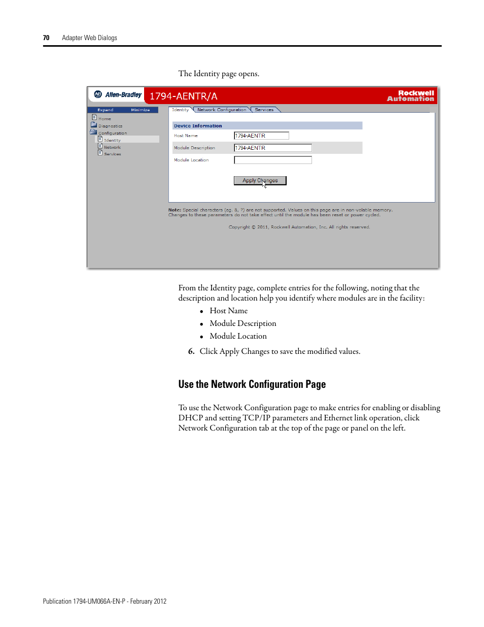 Use the network configuration pa, Use the network configuration page | Rockwell Automation 1794-AENTR_AENTRXT FLEX I/O Dual Port EtherNet/IP Adapter Modules User Manual | Page 78 / 88