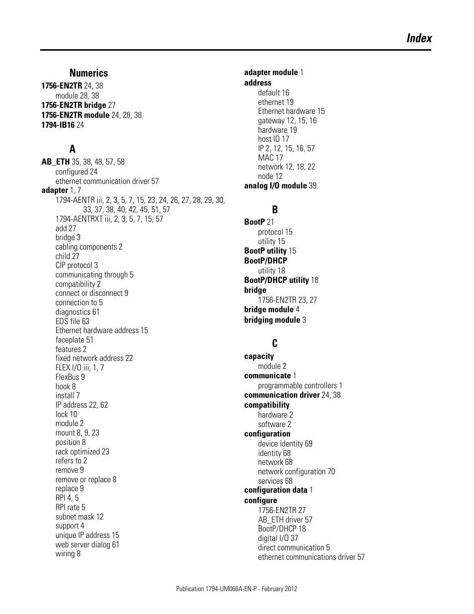Index, Numerics | Rockwell Automation 1794-AENTR_AENTRXT FLEX I/O Dual Port EtherNet/IP Adapter Modules User Manual | Page 81 / 88