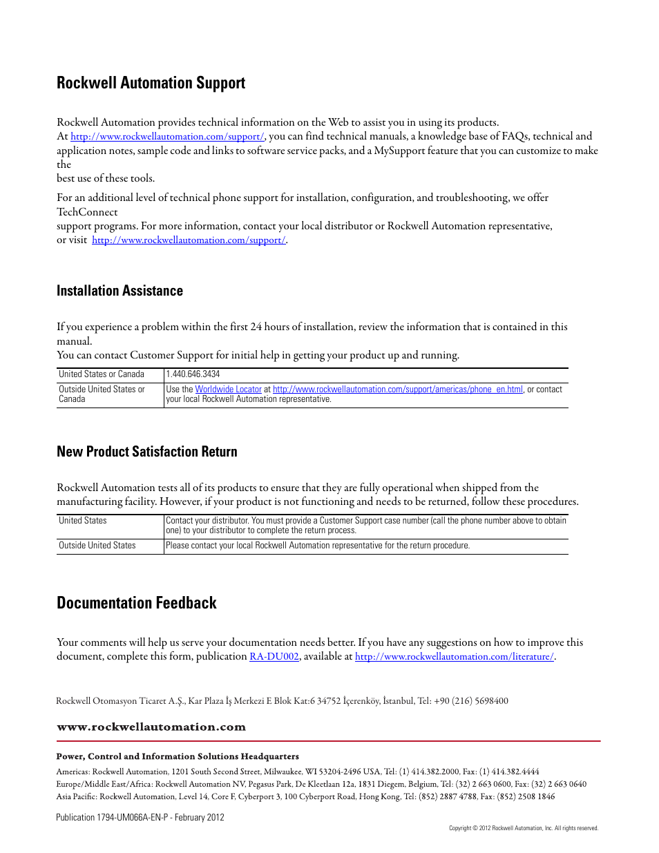 Back cover, Rockwell automation support, Documentation feedback | Installation assistance, New product satisfaction return | Rockwell Automation 1794-AENTR_AENTRXT FLEX I/O Dual Port EtherNet/IP Adapter Modules User Manual | Page 88 / 88