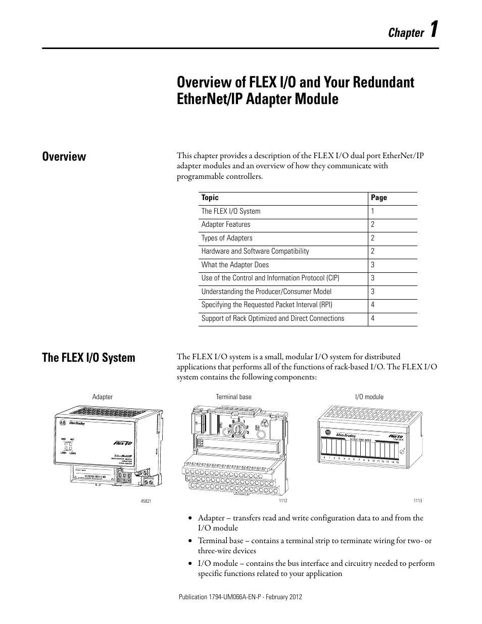 Overview, The flex i/o system, Chapter 1 | Overview the flex i/o system, Chapter | Rockwell Automation 1794-AENTR_AENTRXT FLEX I/O Dual Port EtherNet/IP Adapter Modules User Manual | Page 9 / 88