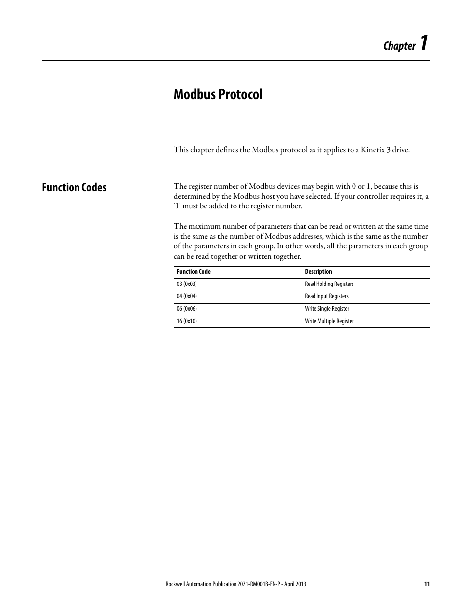 Chapter 1 - modbus protocol, Function codes, Chapter 1 | Modbus protocol, Chapter | Rockwell Automation 2071-Axx Kinetix 3 Component Servo Drive Serial Host Command Reference Manual User Manual | Page 11 / 146