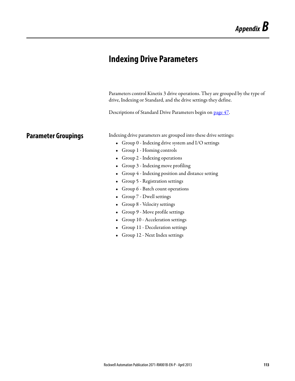 Appendix b - indexing drive parameters, Parameter groupings, Appendix b | Indexing drive parameters, S of indexing drive parameters | Rockwell Automation 2071-Axx Kinetix 3 Component Servo Drive Serial Host Command Reference Manual User Manual | Page 113 / 146