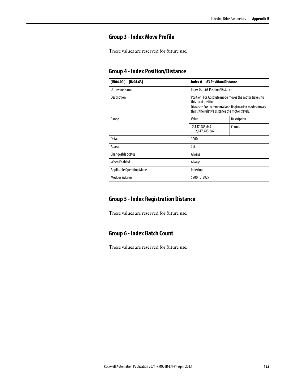 Group 3 - index move profile, Group 4 - index position/distance, Group 5 - index registration distance | Group 6 - index batch count | Rockwell Automation 2071-Axx Kinetix 3 Component Servo Drive Serial Host Command Reference Manual User Manual | Page 125 / 146