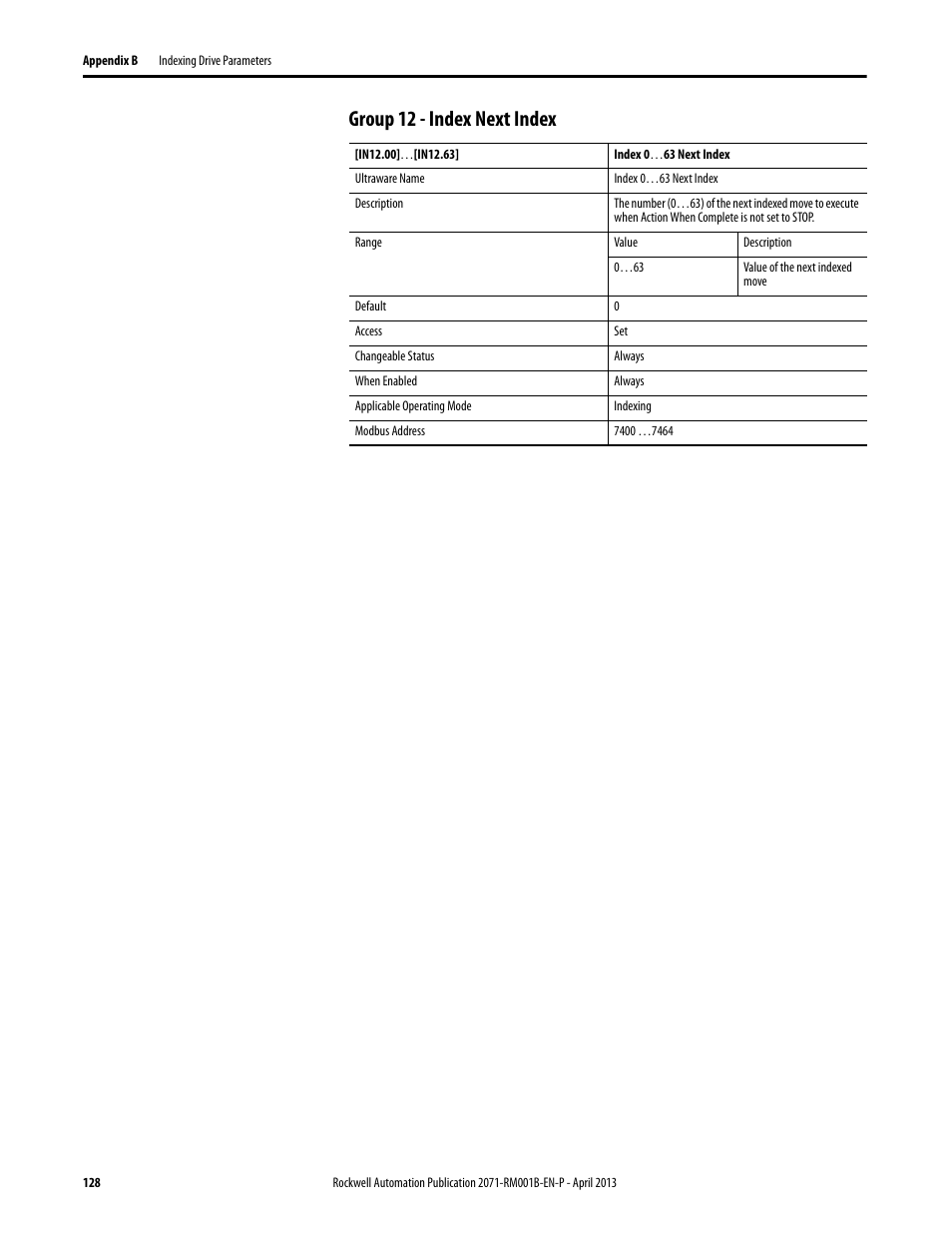 Group 12 - index next index | Rockwell Automation 2071-Axx Kinetix 3 Component Servo Drive Serial Host Command Reference Manual User Manual | Page 128 / 146
