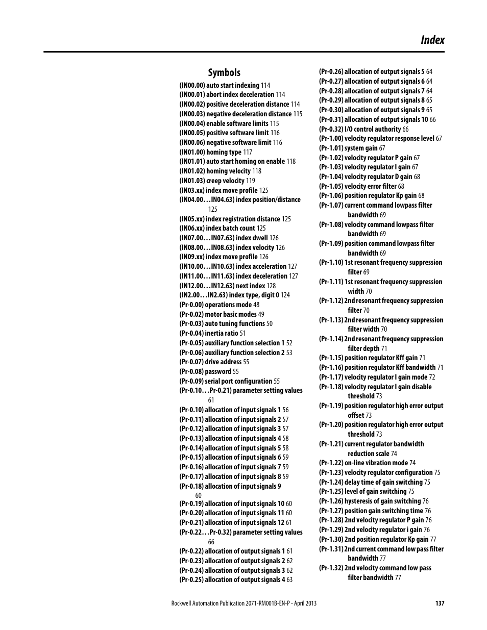 Index, Symbols | Rockwell Automation 2071-Axx Kinetix 3 Component Servo Drive Serial Host Command Reference Manual User Manual | Page 137 / 146