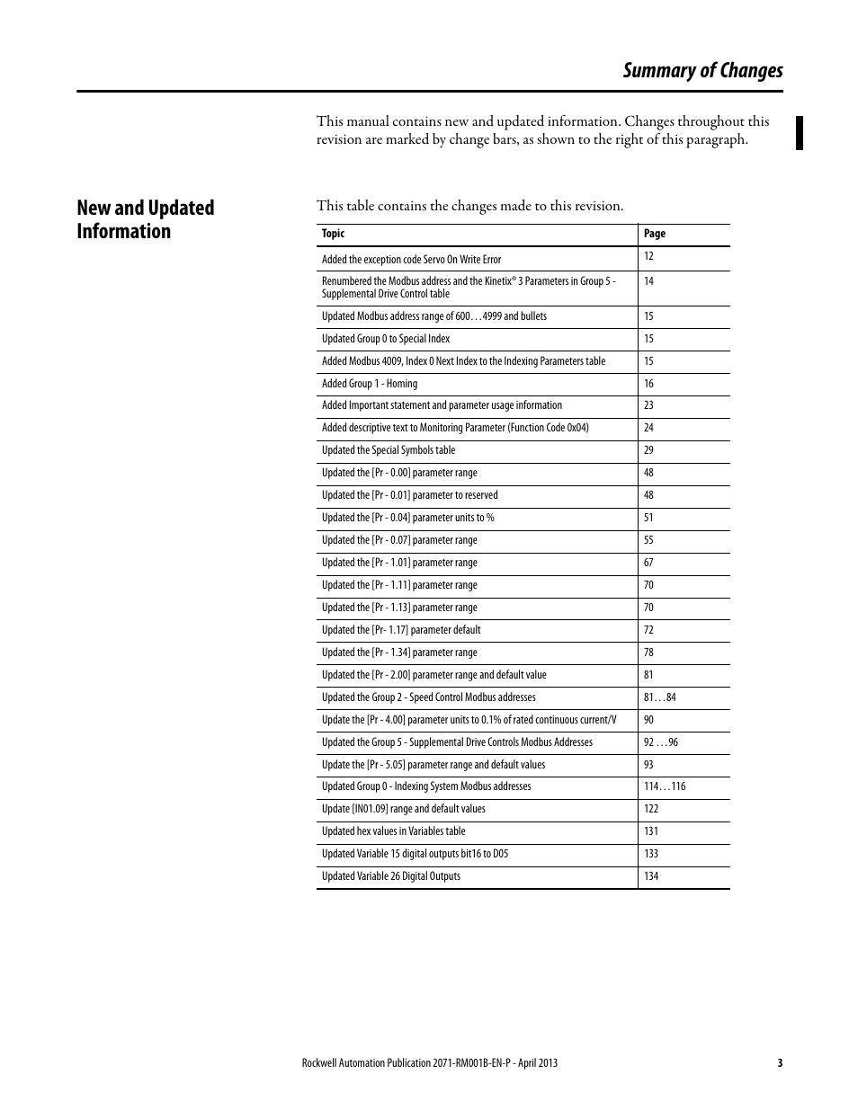 Summary of changes, New and updated information | Rockwell Automation 2071-Axx Kinetix 3 Component Servo Drive Serial Host Command Reference Manual User Manual | Page 3 / 146