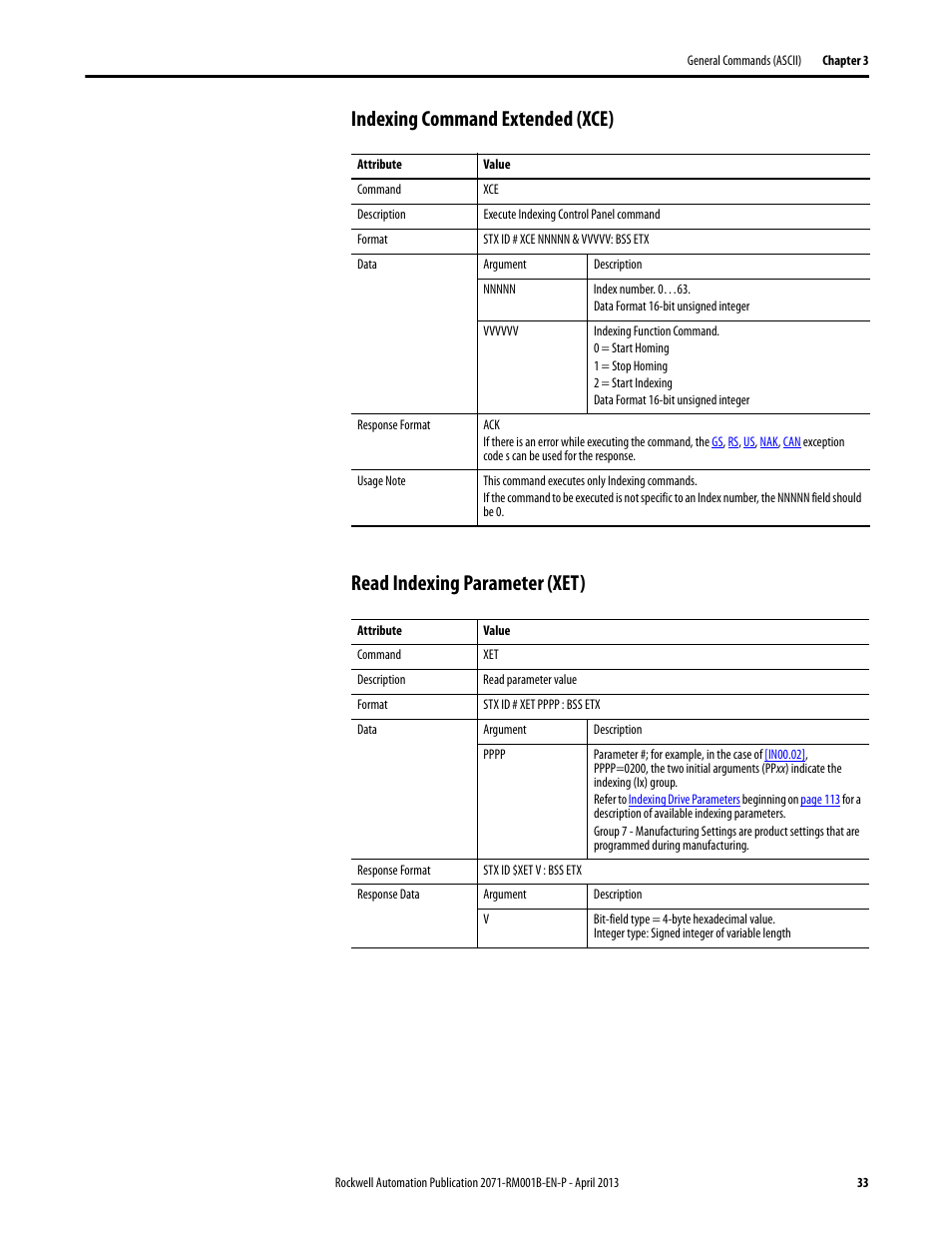 Indexing command extended (xce), Read indexing parameter (xet) | Rockwell Automation 2071-Axx Kinetix 3 Component Servo Drive Serial Host Command Reference Manual User Manual | Page 33 / 146
