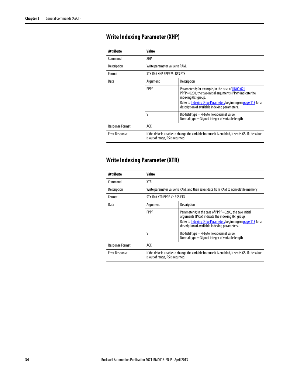 Write indexing parameter (xhp), Write indexing parameter (xtr) | Rockwell Automation 2071-Axx Kinetix 3 Component Servo Drive Serial Host Command Reference Manual User Manual | Page 34 / 146