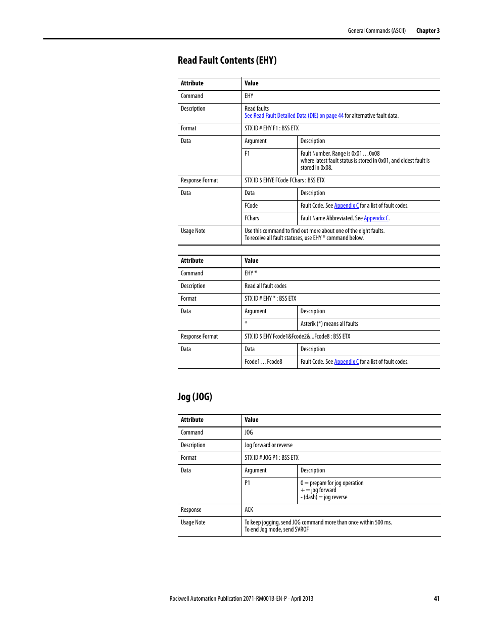 Read fault contents (ehy), Jog (jog), Read fault contents (ehy) jog (jog) | Rockwell Automation 2071-Axx Kinetix 3 Component Servo Drive Serial Host Command Reference Manual User Manual | Page 41 / 146