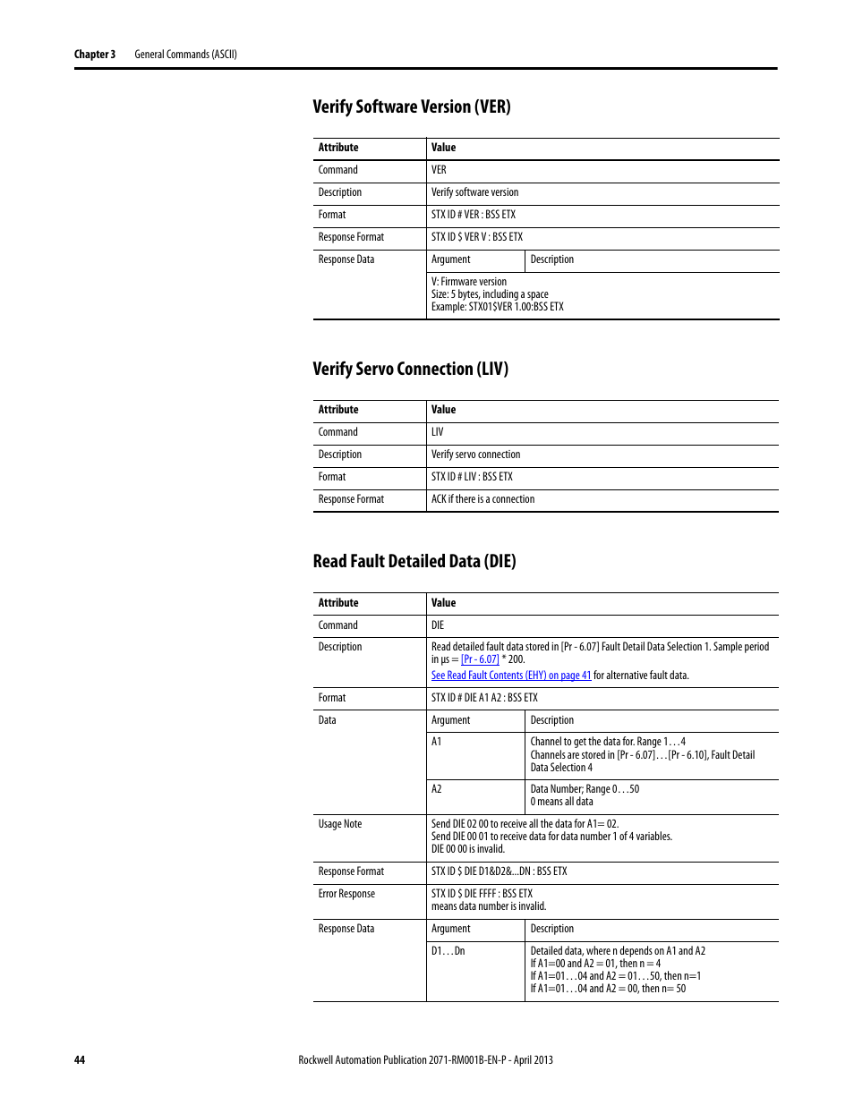 Verify software version (ver), Verify servo connection (liv), Read fault detailed data (die) | Rockwell Automation 2071-Axx Kinetix 3 Component Servo Drive Serial Host Command Reference Manual User Manual | Page 44 / 146