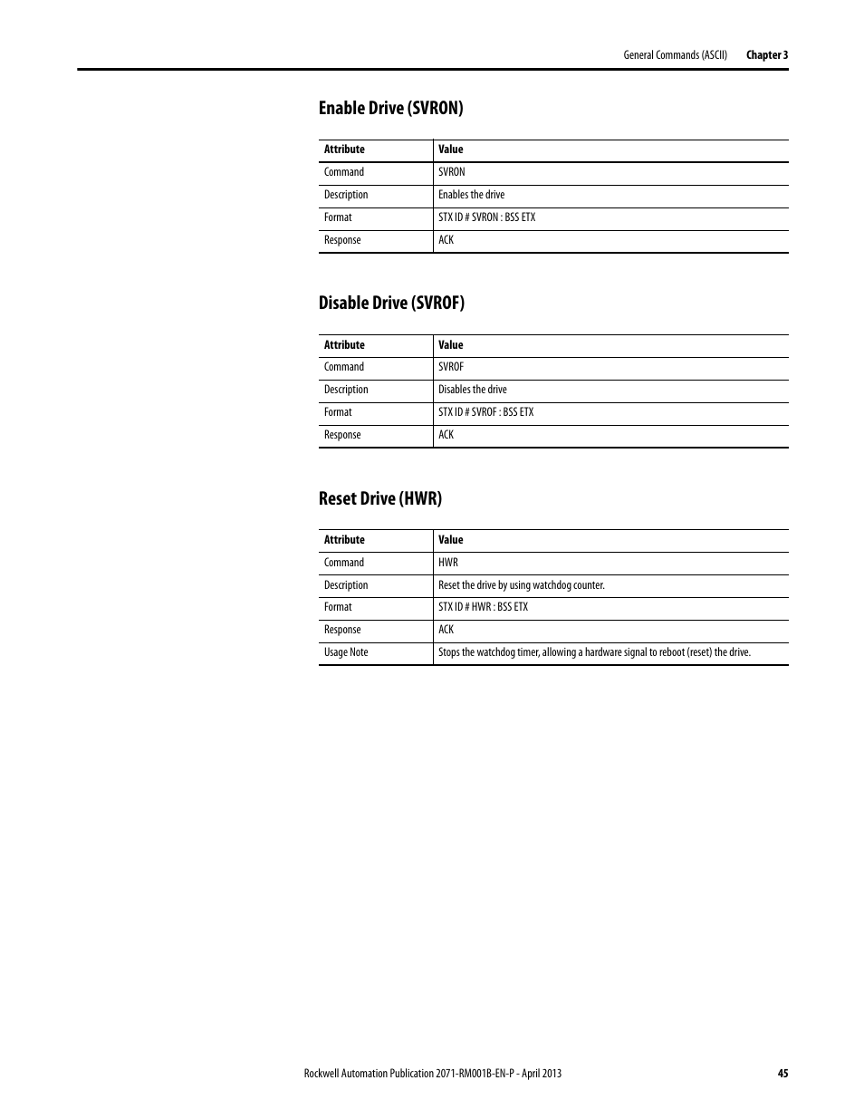 Enable drive (svron), Disable drive (svrof), Reset drive (hwr) | Rockwell Automation 2071-Axx Kinetix 3 Component Servo Drive Serial Host Command Reference Manual User Manual | Page 45 / 146