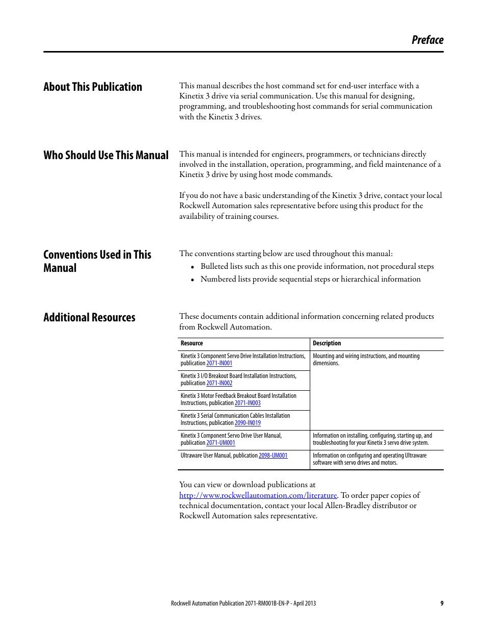 Preface, About this publication, Who should use this manual | Conventions used in this manual, Additional resources, Preface about this publication | Rockwell Automation 2071-Axx Kinetix 3 Component Servo Drive Serial Host Command Reference Manual User Manual | Page 9 / 146