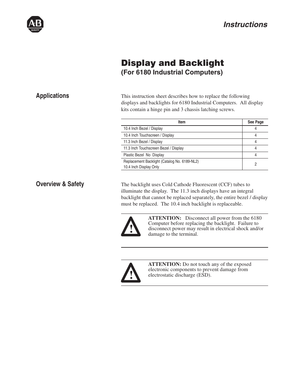 Rockwell Automation 6180 RAC6180 Display and Backlight Installation Instructions User Manual | 8 pages