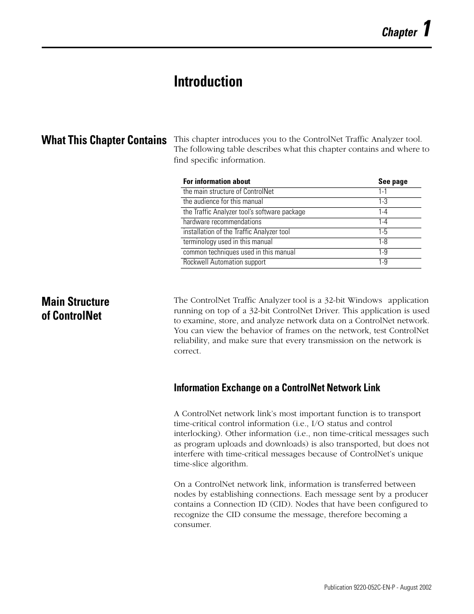 1 - introduction, What this chapter contains, Main structure of controlnet | Information exchange on a controlnet network link, Introduction, Chapter | Rockwell Automation 9220-WINTA ControlNet Traffic Analyzer Reference Manual User Manual | Page 11 / 96