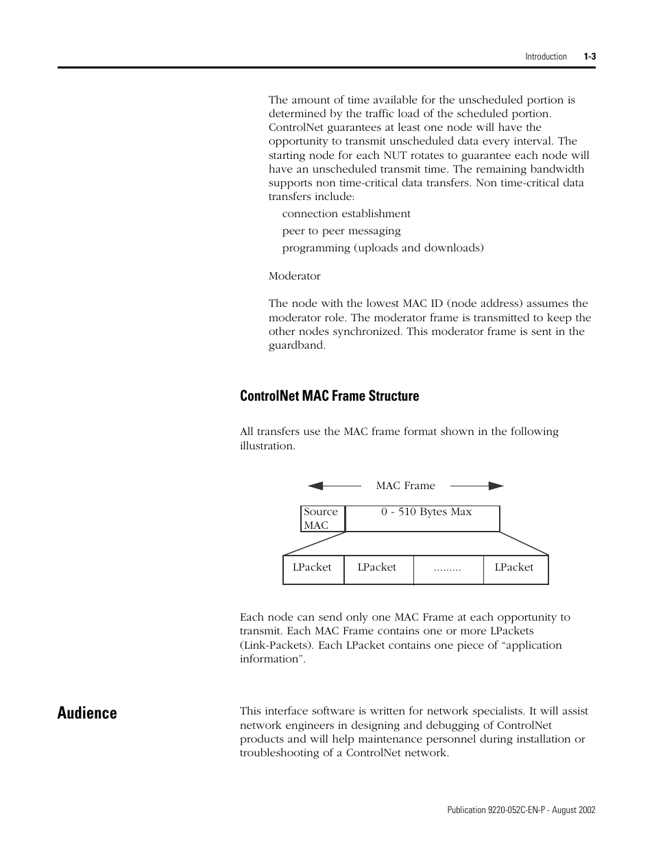 Controlnet mac frame structure, Audience | Rockwell Automation 9220-WINTA ControlNet Traffic Analyzer Reference Manual User Manual | Page 13 / 96