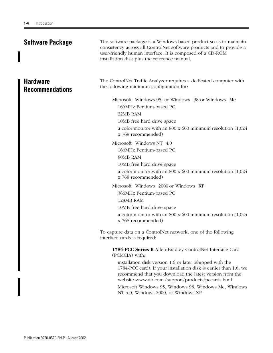 Software package, Hardware recommendations | Rockwell Automation 9220-WINTA ControlNet Traffic Analyzer Reference Manual User Manual | Page 14 / 96