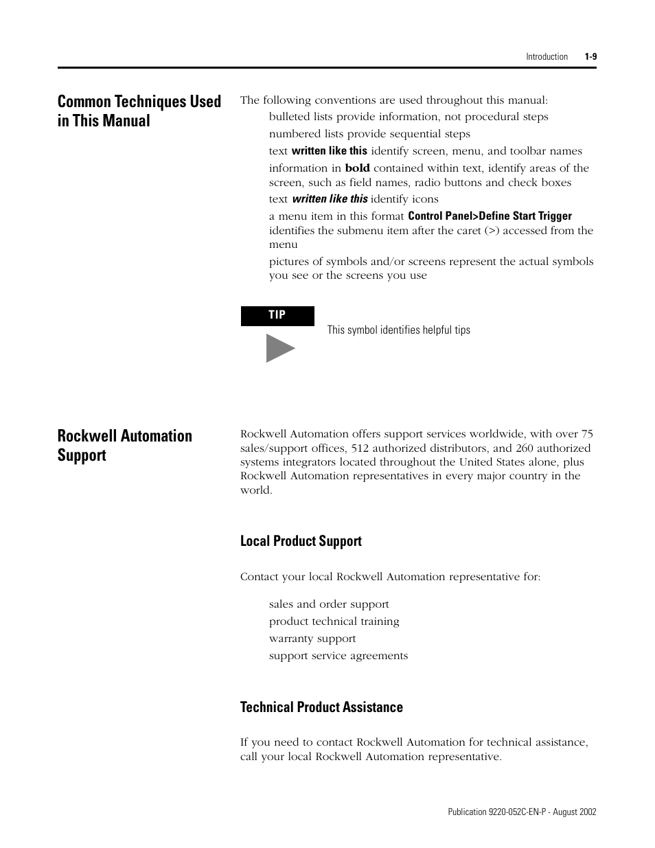 Common techniques used in this manual, Rockwell automation support, Local product support | Technical product assistance | Rockwell Automation 9220-WINTA ControlNet Traffic Analyzer Reference Manual User Manual | Page 19 / 96