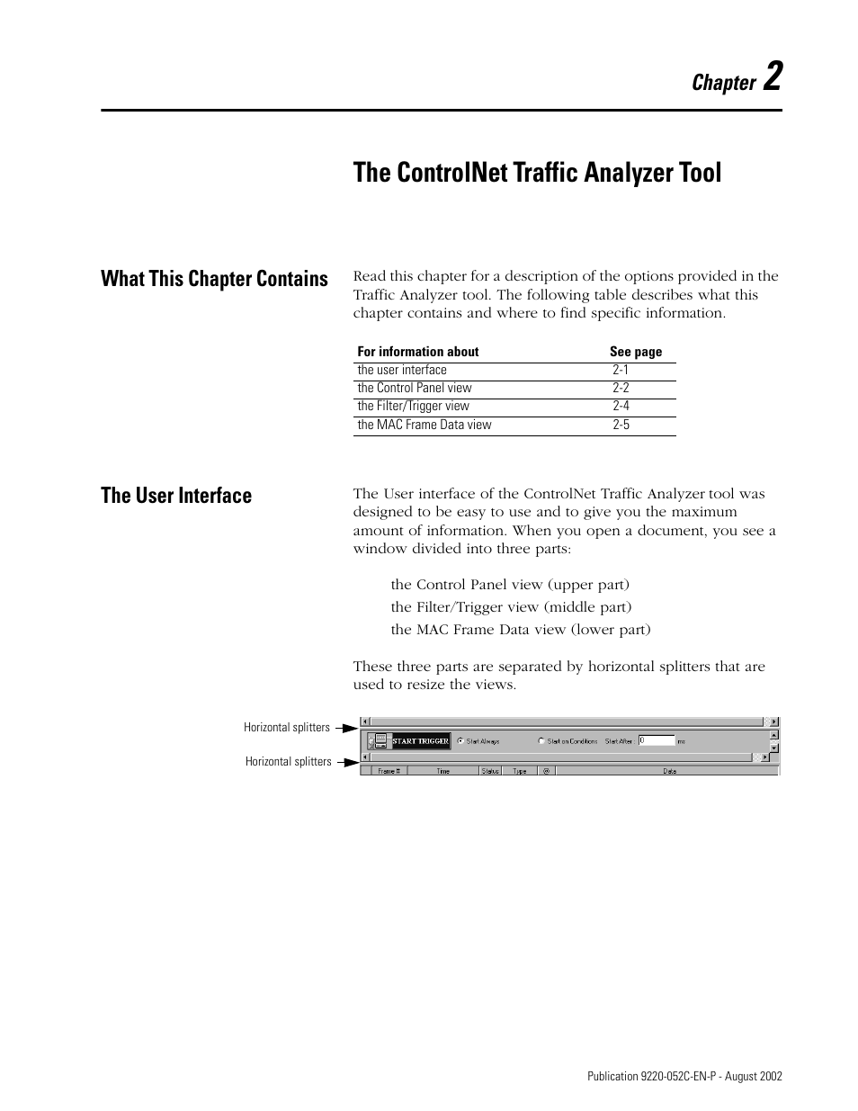 2 - the controlnet traffic analyzer tool, What this chapter contains, The user interface | The controlnet traffic analyzer tool, Chapter | Rockwell Automation 9220-WINTA ControlNet Traffic Analyzer Reference Manual User Manual | Page 21 / 96