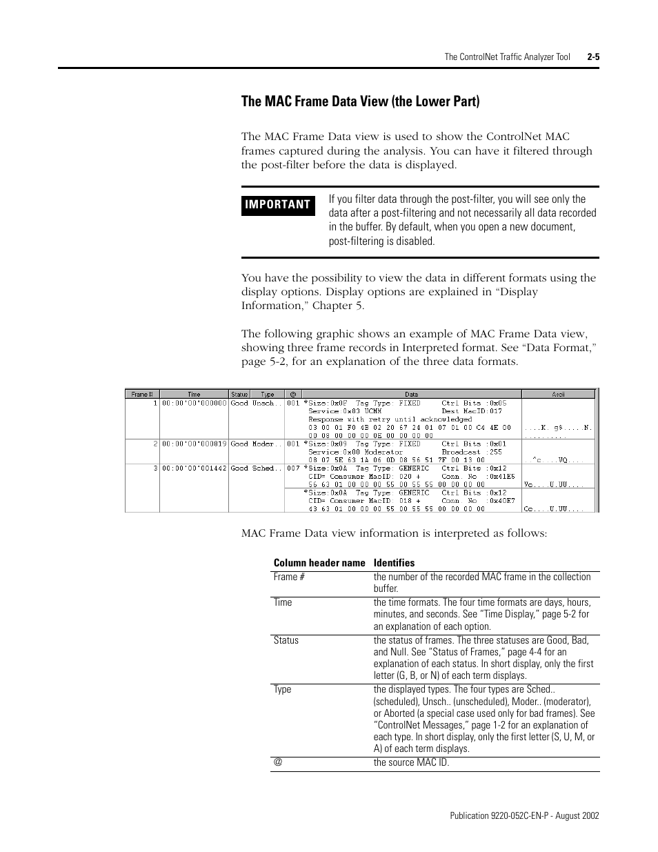 The mac frame data view (the lower part) | Rockwell Automation 9220-WINTA ControlNet Traffic Analyzer Reference Manual User Manual | Page 25 / 96