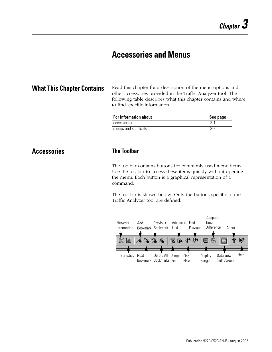 3 - accessories and menus, What this chapter contains, Accessories | The toolbar, Accessories and menus, Chapter | Rockwell Automation 9220-WINTA ControlNet Traffic Analyzer Reference Manual User Manual | Page 27 / 96