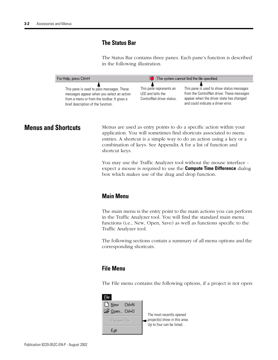 The status bar, Menus and shortcuts, Main menu | File menu | Rockwell Automation 9220-WINTA ControlNet Traffic Analyzer Reference Manual User Manual | Page 28 / 96