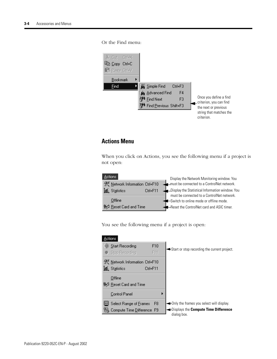 Actions menu | Rockwell Automation 9220-WINTA ControlNet Traffic Analyzer Reference Manual User Manual | Page 30 / 96