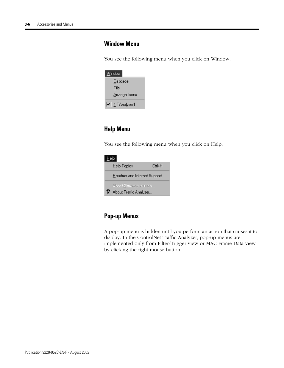 Window menu, Help menu, Pop-up menus | Rockwell Automation 9220-WINTA ControlNet Traffic Analyzer Reference Manual User Manual | Page 32 / 96