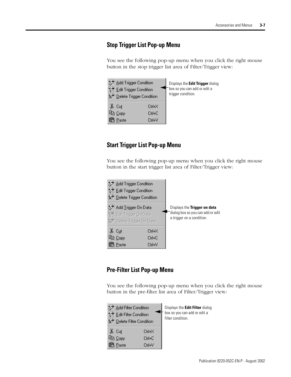 Stop trigger list pop-up menu, Start trigger list pop-up menu, Pre-filter list pop-up menu | Rockwell Automation 9220-WINTA ControlNet Traffic Analyzer Reference Manual User Manual | Page 33 / 96