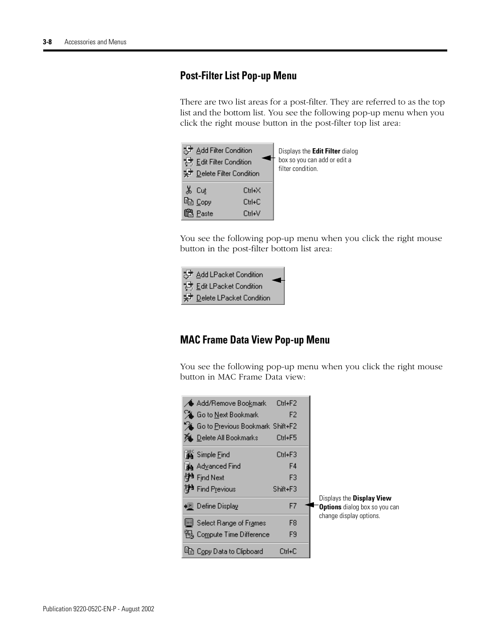 Post-filter list pop-up menu, Mac frame data view pop-up menu | Rockwell Automation 9220-WINTA ControlNet Traffic Analyzer Reference Manual User Manual | Page 34 / 96