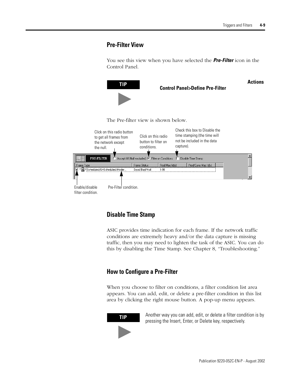 Pre-filter view, Disable time stamp, How to configure a pre-filter | Rockwell Automation 9220-WINTA ControlNet Traffic Analyzer Reference Manual User Manual | Page 43 / 96