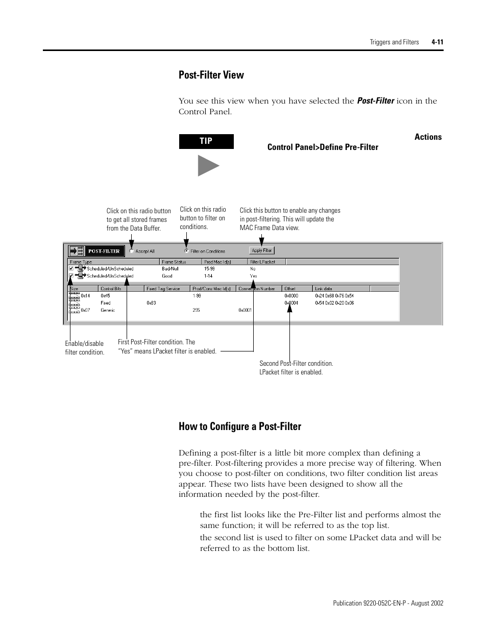 Post-filter view, How to configure a post-filter | Rockwell Automation 9220-WINTA ControlNet Traffic Analyzer Reference Manual User Manual | Page 45 / 96