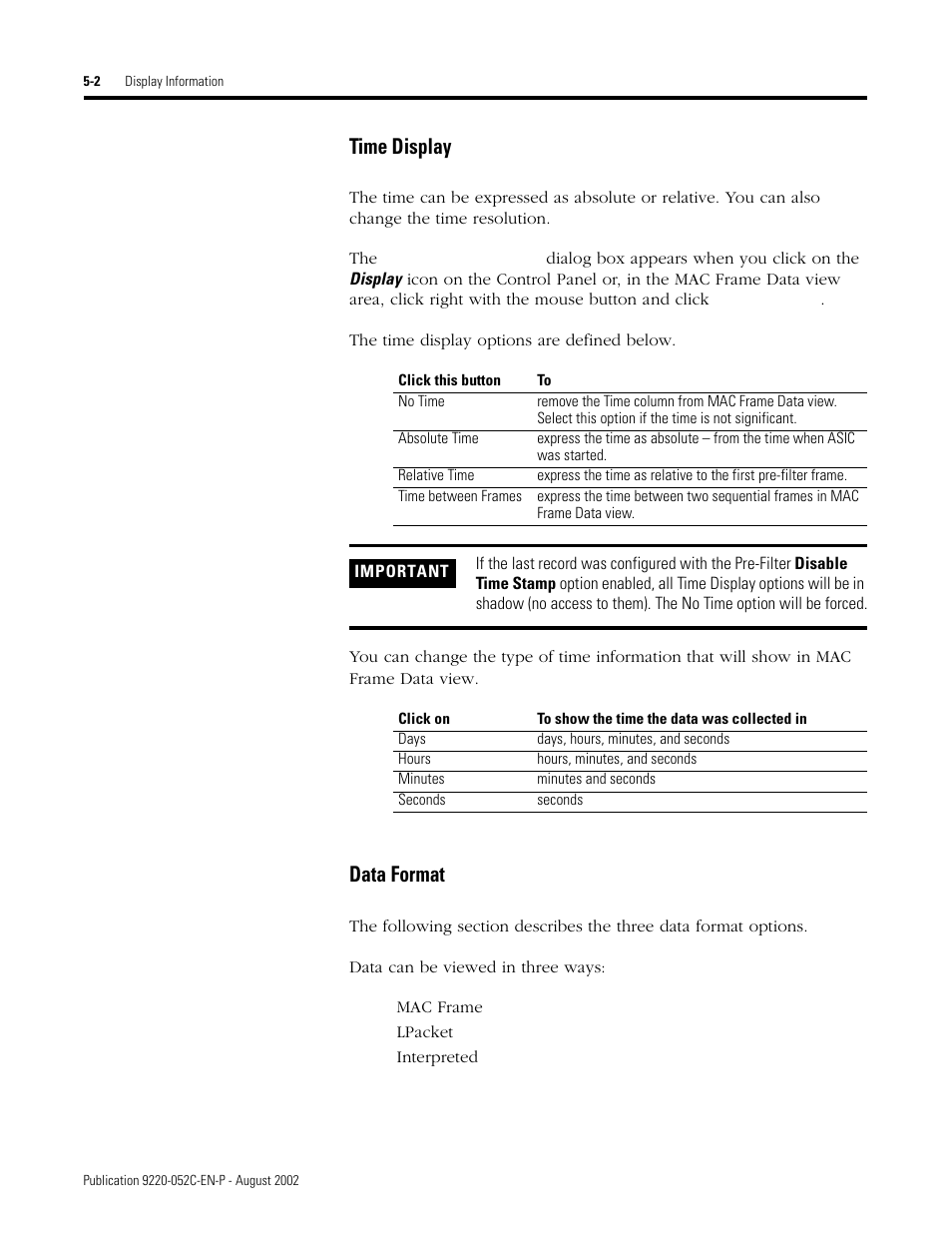 Time display, Data format, Time display -2 data format -2 | 2, fo | Rockwell Automation 9220-WINTA ControlNet Traffic Analyzer Reference Manual User Manual | Page 52 / 96