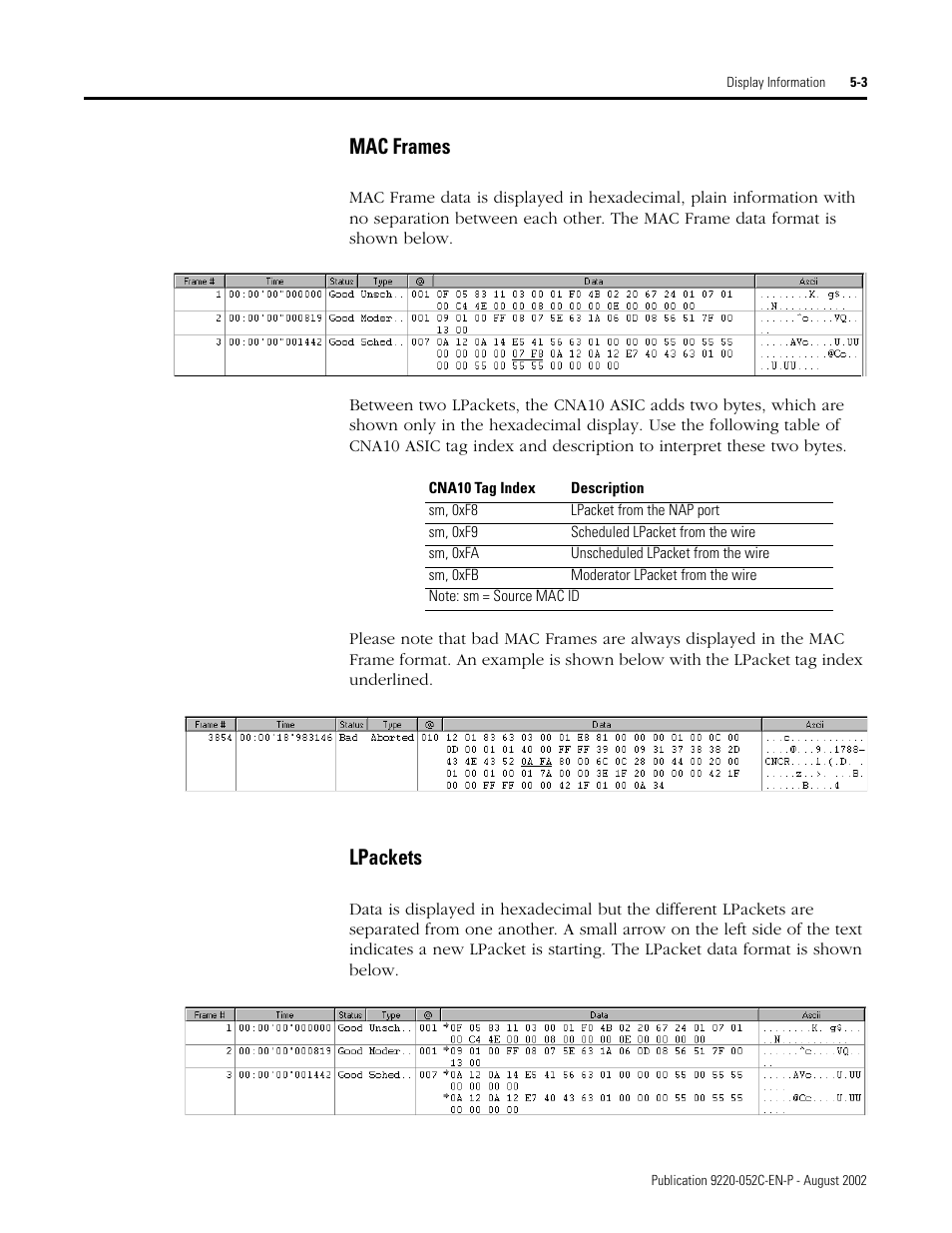 Mac frames, Lpackets, Mac frames -3 lpackets -3 | Rockwell Automation 9220-WINTA ControlNet Traffic Analyzer Reference Manual User Manual | Page 53 / 96