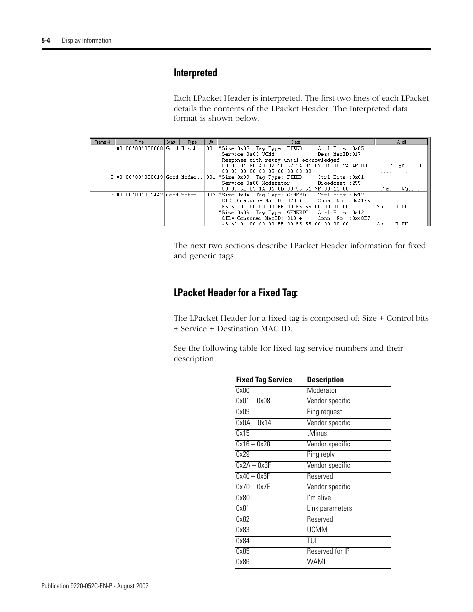 Interpreted, Lpacket header for a fixed tag, Interpreted -4 lpacket header for a fixed tag: -4 | Rockwell Automation 9220-WINTA ControlNet Traffic Analyzer Reference Manual User Manual | Page 54 / 96