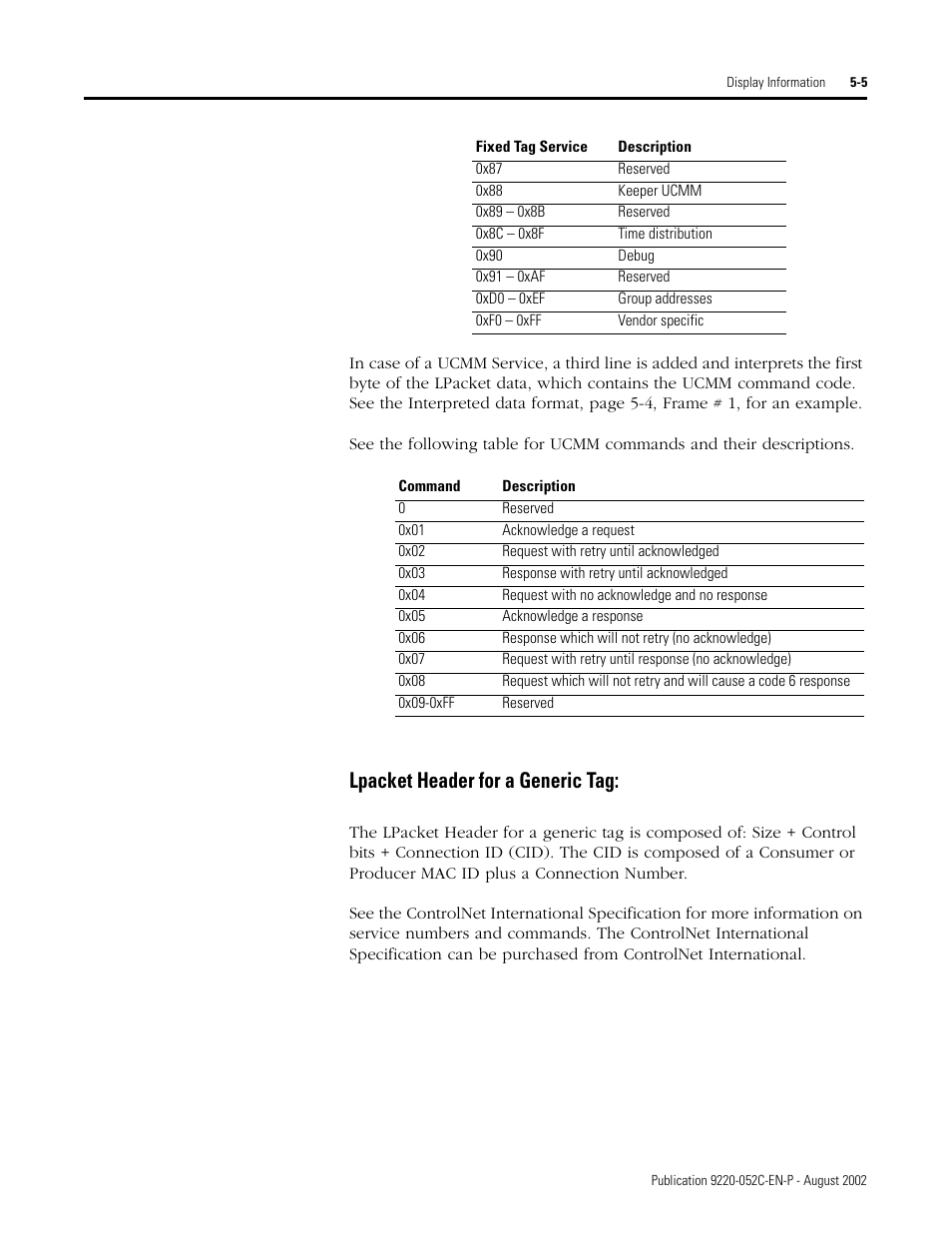 Lpacket header for a generic tag, Lpacket header for a generic tag: -5 | Rockwell Automation 9220-WINTA ControlNet Traffic Analyzer Reference Manual User Manual | Page 55 / 96