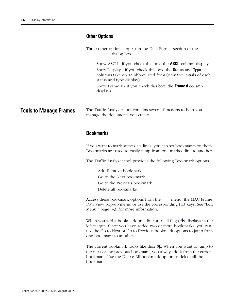 Other options, Tools to manage frames, Bookmarks | Other options -6, Tools to manage frames -6, Bookmarks -6 | Rockwell Automation 9220-WINTA ControlNet Traffic Analyzer Reference Manual User Manual | Page 56 / 96