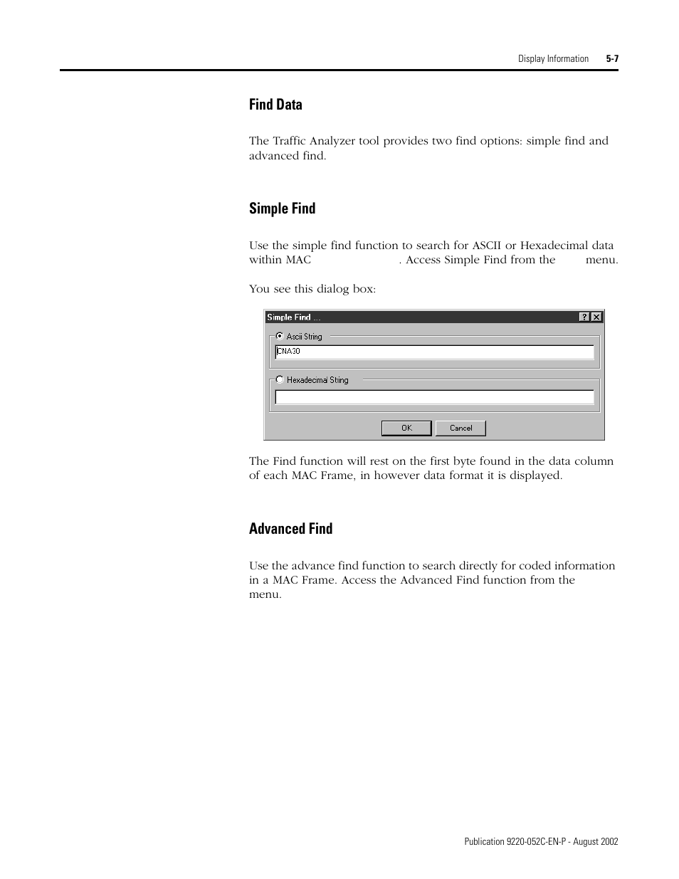 Find data, Simple find, Advanced find | Find data -7 simple find -7 advanced find -7 | Rockwell Automation 9220-WINTA ControlNet Traffic Analyzer Reference Manual User Manual | Page 57 / 96