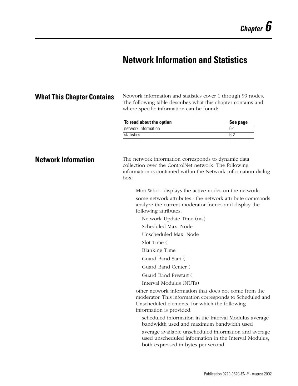 6 - network information and statistics, What this chapter contains, Network information | Chapter 6, Network information and statistics, Chapter | Rockwell Automation 9220-WINTA ControlNet Traffic Analyzer Reference Manual User Manual | Page 61 / 96