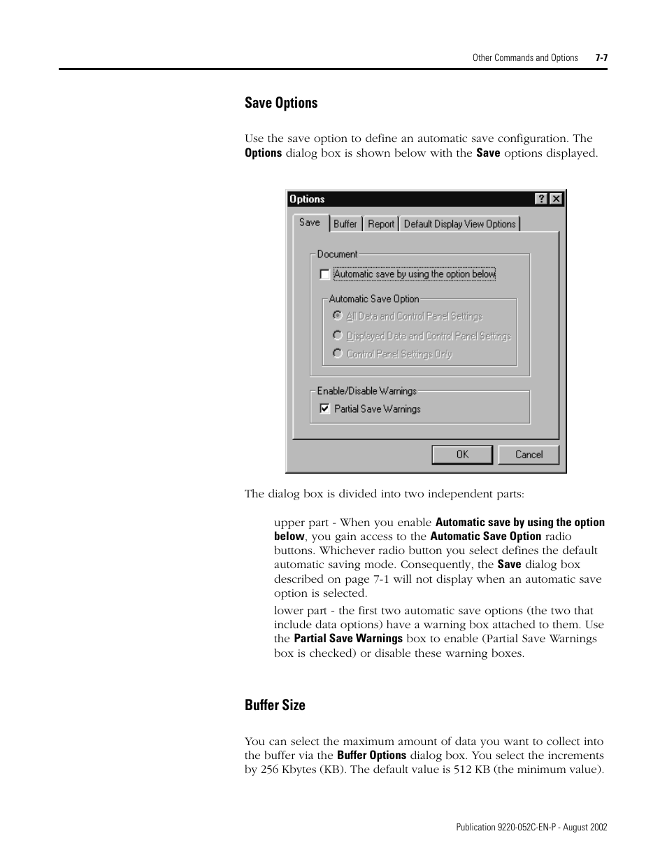 Save options, Buffer size, Save options -7 buffer size -7 | Rockwell Automation 9220-WINTA ControlNet Traffic Analyzer Reference Manual User Manual | Page 71 / 96