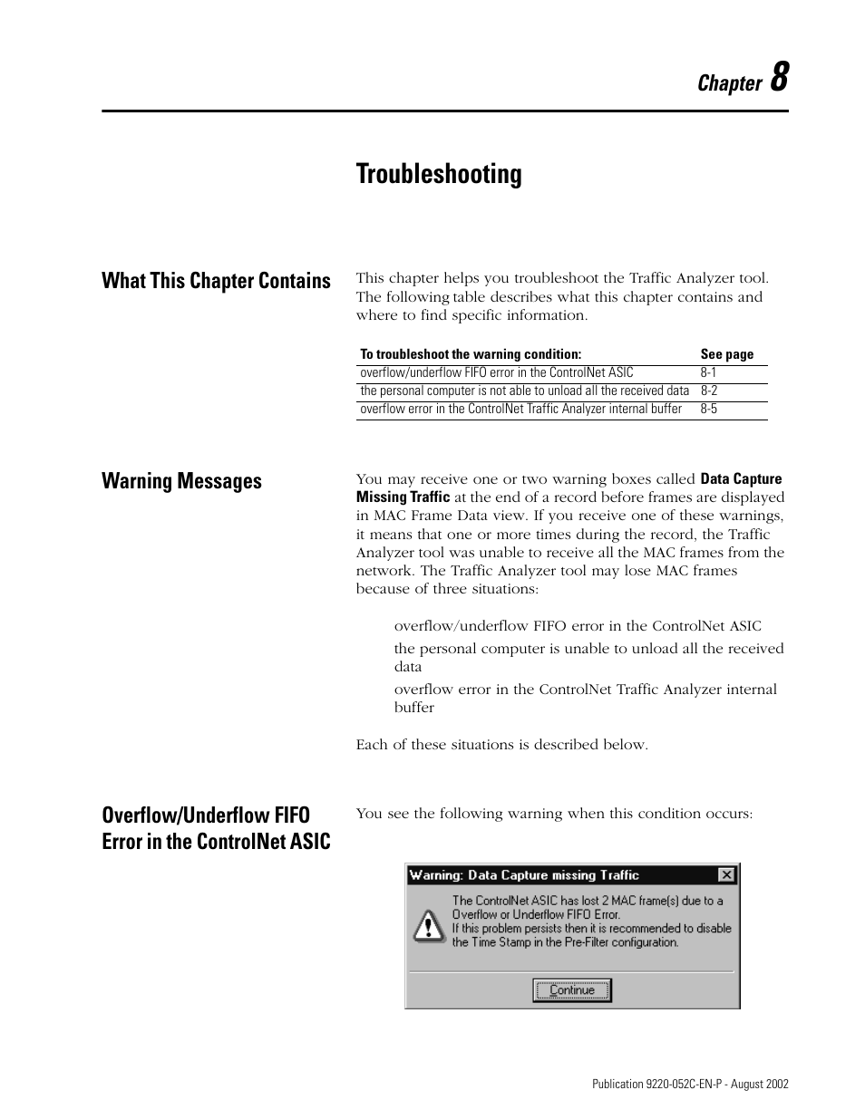 8 - troubleshooting, What this chapter contains, Warning messages | Chapter 8, Troubleshooting, Chapter | Rockwell Automation 9220-WINTA ControlNet Traffic Analyzer Reference Manual User Manual | Page 77 / 96