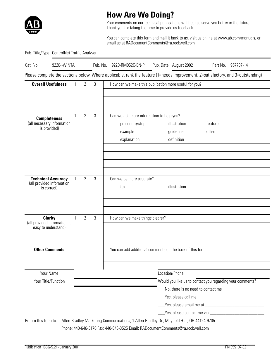 How are we doing? form, How are we doing | Rockwell Automation 9220-WINTA ControlNet Traffic Analyzer Reference Manual User Manual | Page 93 / 96