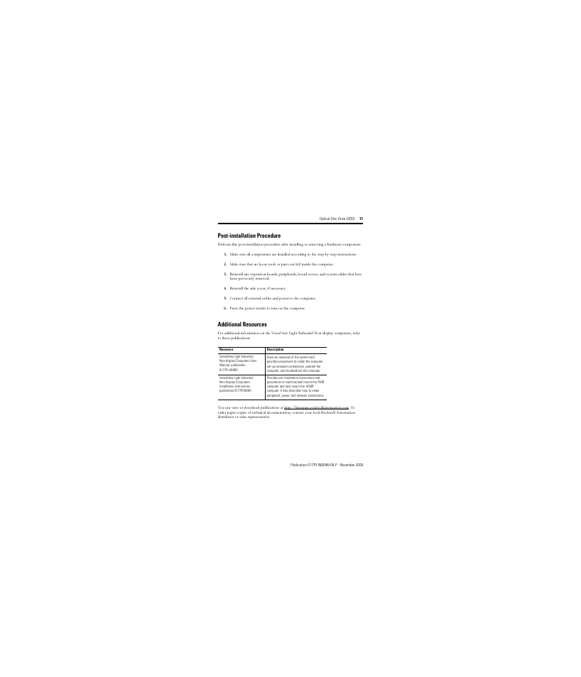 Post-installation procedure, Additional resources | Rockwell Automation 6189V-SLDUAL Optical Disc Drive (ODD) User Manual | Page 11 / 12