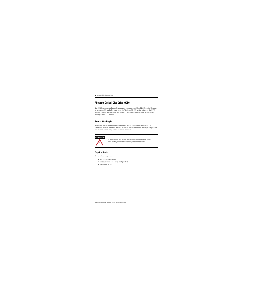 About the optical disc drive (odd), Before you begin, Required tools | Rockwell Automation 6189V-SLDUAL Optical Disc Drive (ODD) User Manual | Page 4 / 12