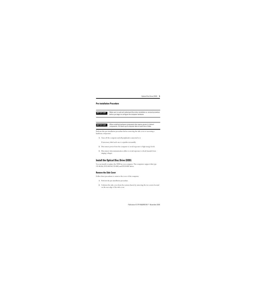 Pre-installation procedure, Install the optical disc drive (odd), Remove the side cover | Rockwell Automation 6189V-SLDUAL Optical Disc Drive (ODD) User Manual | Page 5 / 12