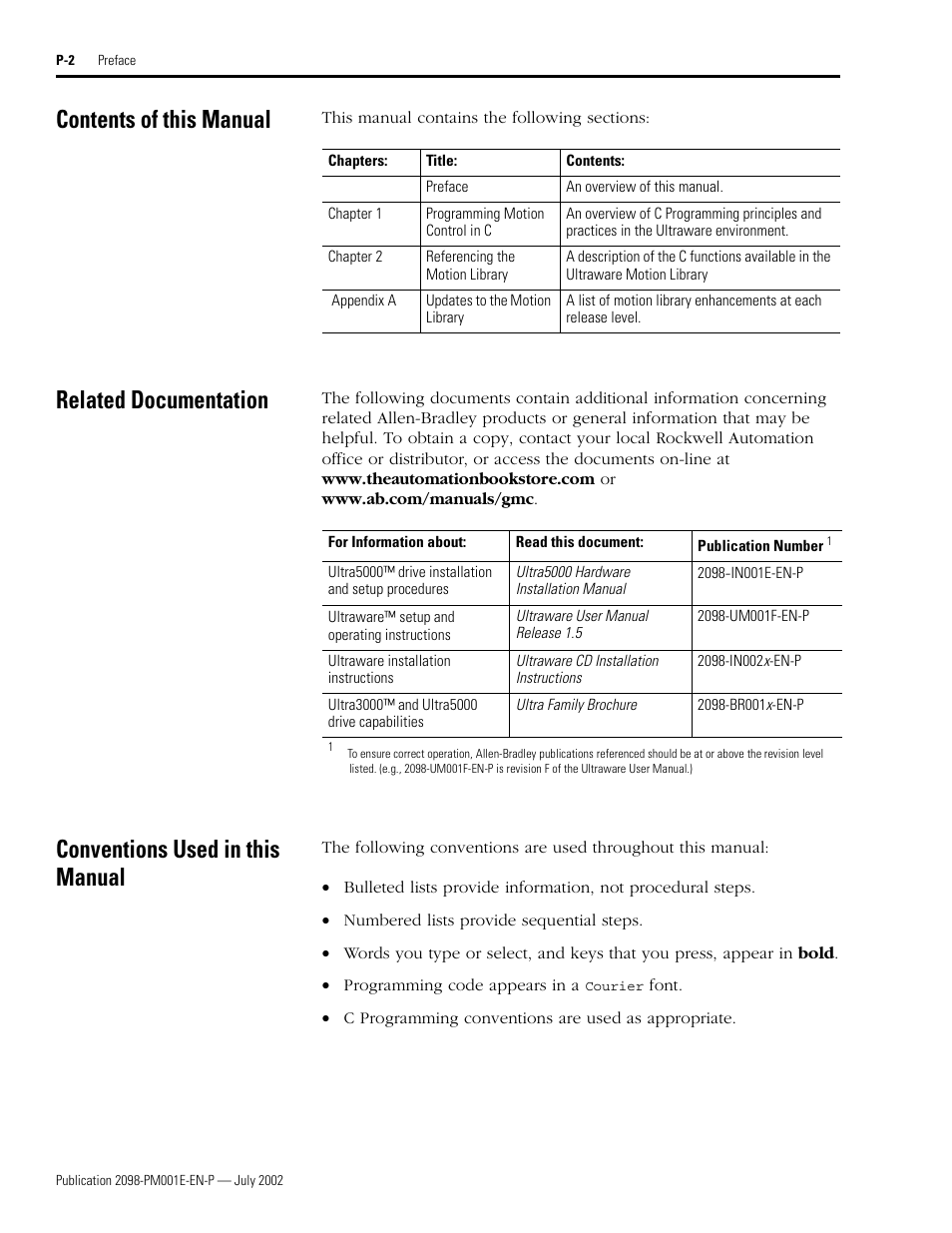 Contents of this manual, Related documentation, Conventions used in this manual | On-line documents | Rockwell Automation 2098-IPD-xxx Ultra5000 C Programming using the Motion Library User Manual | Page 10 / 114